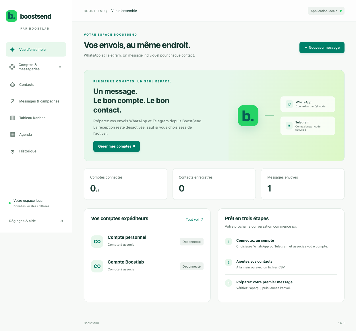 Vue d’ensemble de BoostSend, sans messages ni contacts visibles