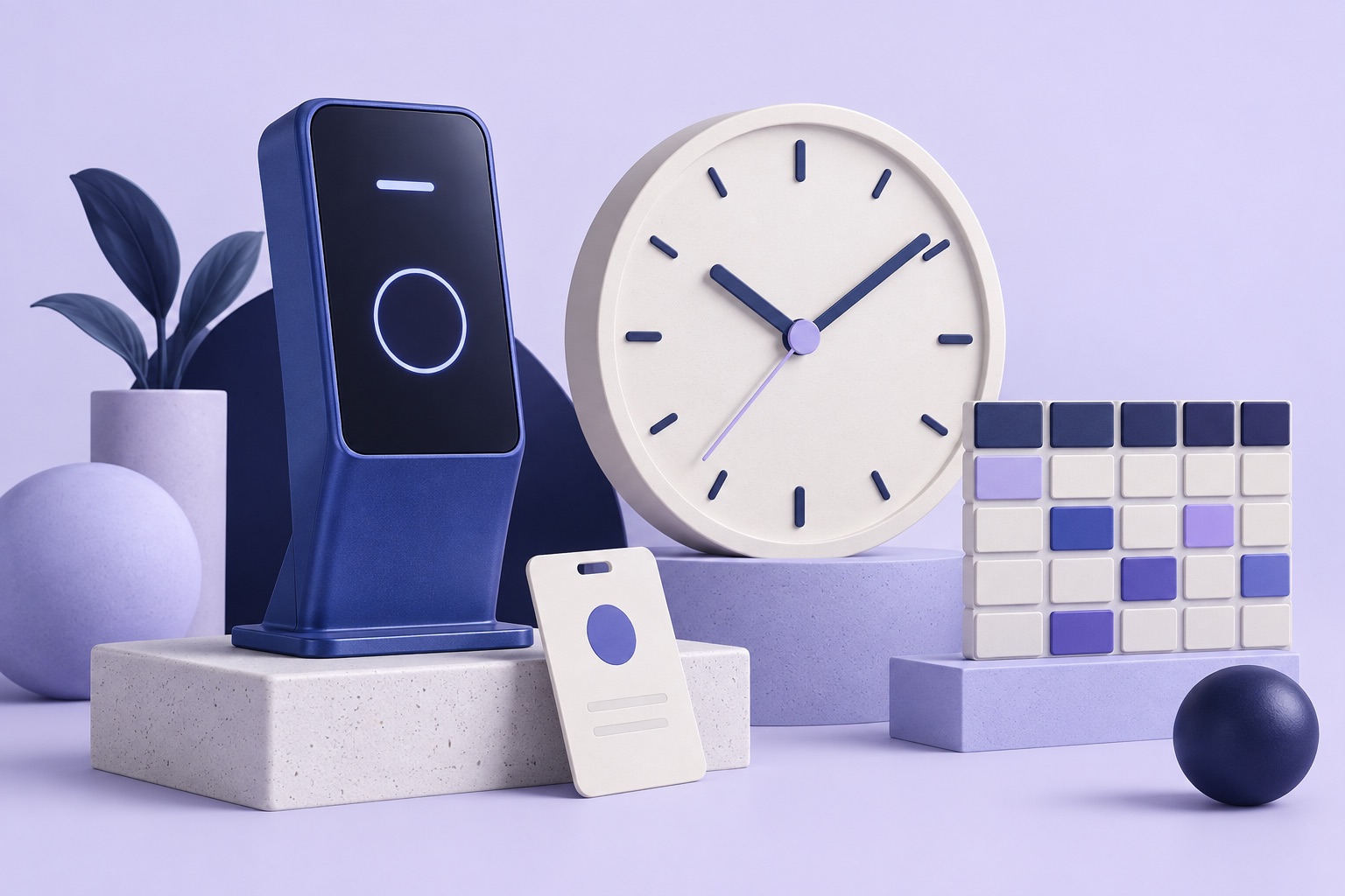 Horloge, badge et terminal de pointage illustrés en bleu et violet